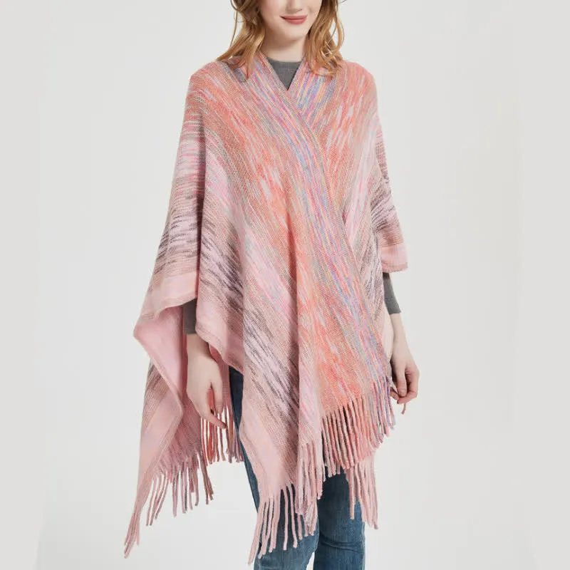 Olivenorma Poncho mit Rüschenbesatz, Quasten, Cardigan-Schal
