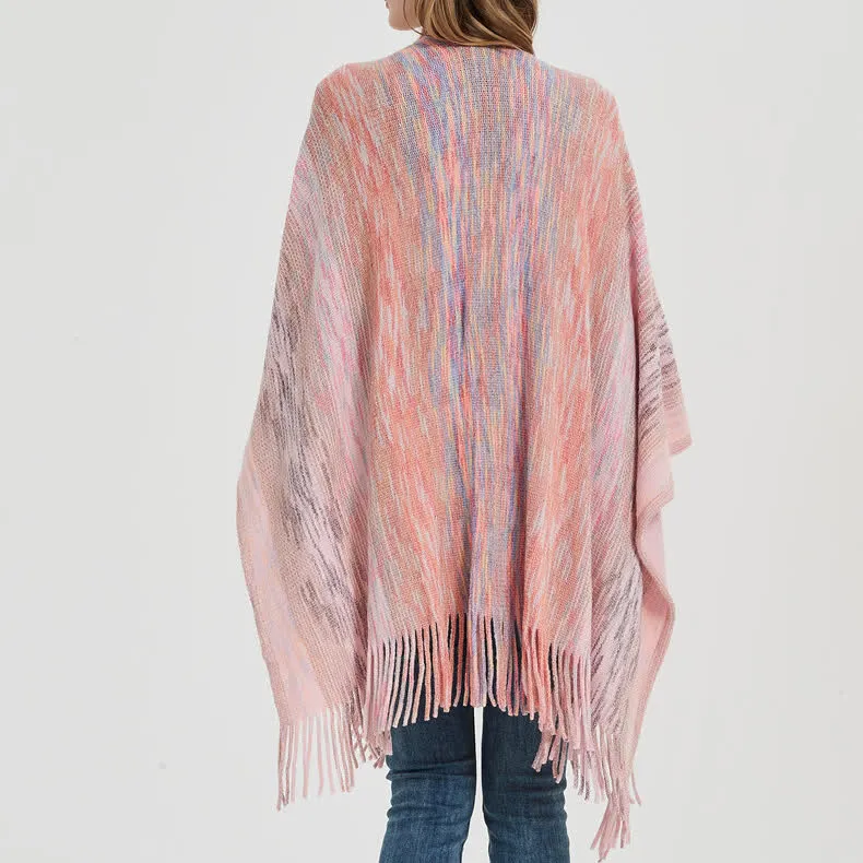 Olivenorma Poncho mit Rüschenbesatz, Quasten, Cardigan-Schal