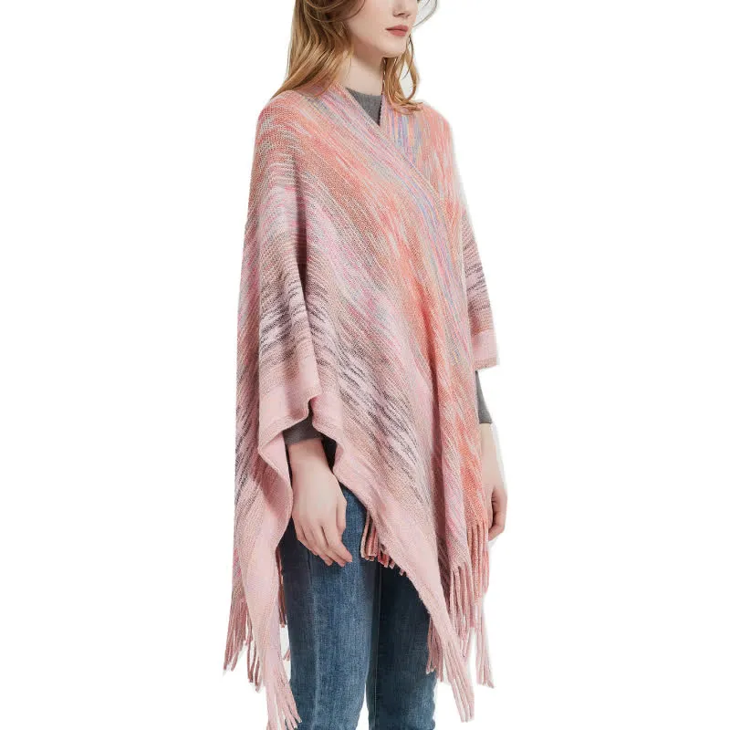 Olivenorma Poncho mit Rüschenbesatz, Quasten, Cardigan-Schal