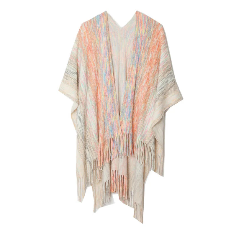 Olivenorma Poncho mit Rüschenbesatz, Quasten, Cardigan-Schal