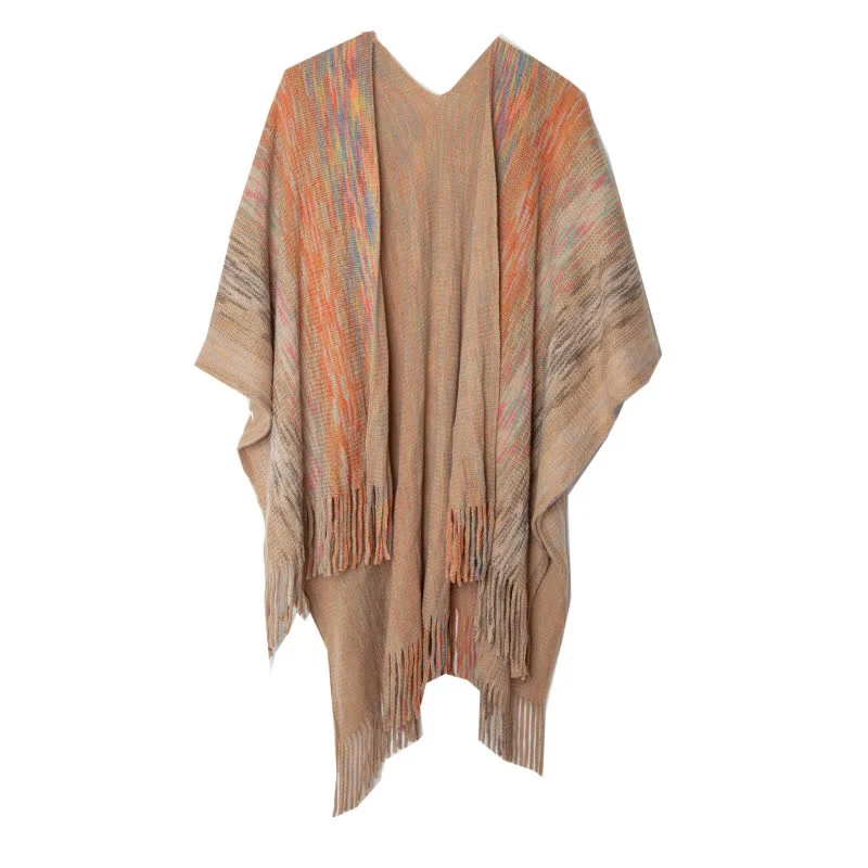 Olivenorma Poncho mit Rüschenbesatz, Quasten, Cardigan-Schal