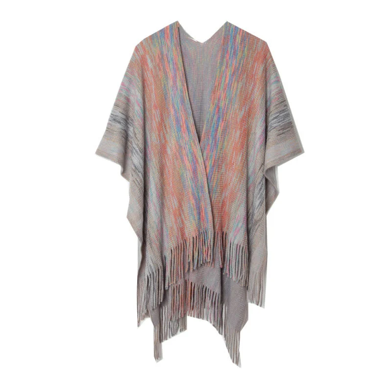 Olivenorma Poncho mit Rüschenbesatz, Quasten, Cardigan-Schal