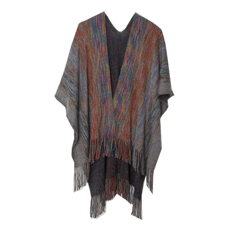 Olivenorma Poncho mit Rüschenbesatz, Quasten, Cardigan-Schal
