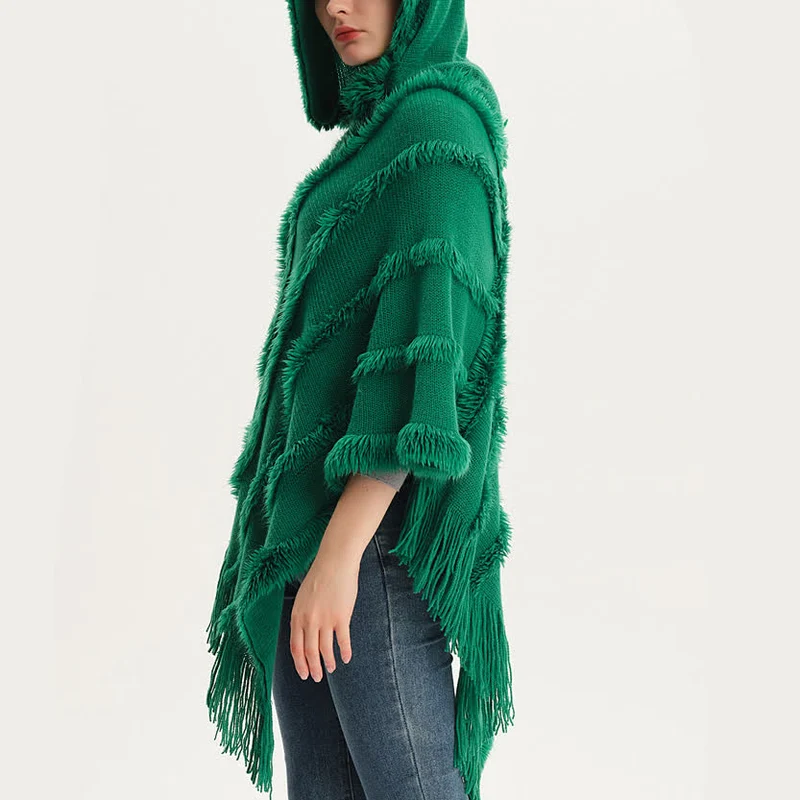 Olivenorma Einfarbiger Fransen-Wickelhut-Strickjacke-Schal