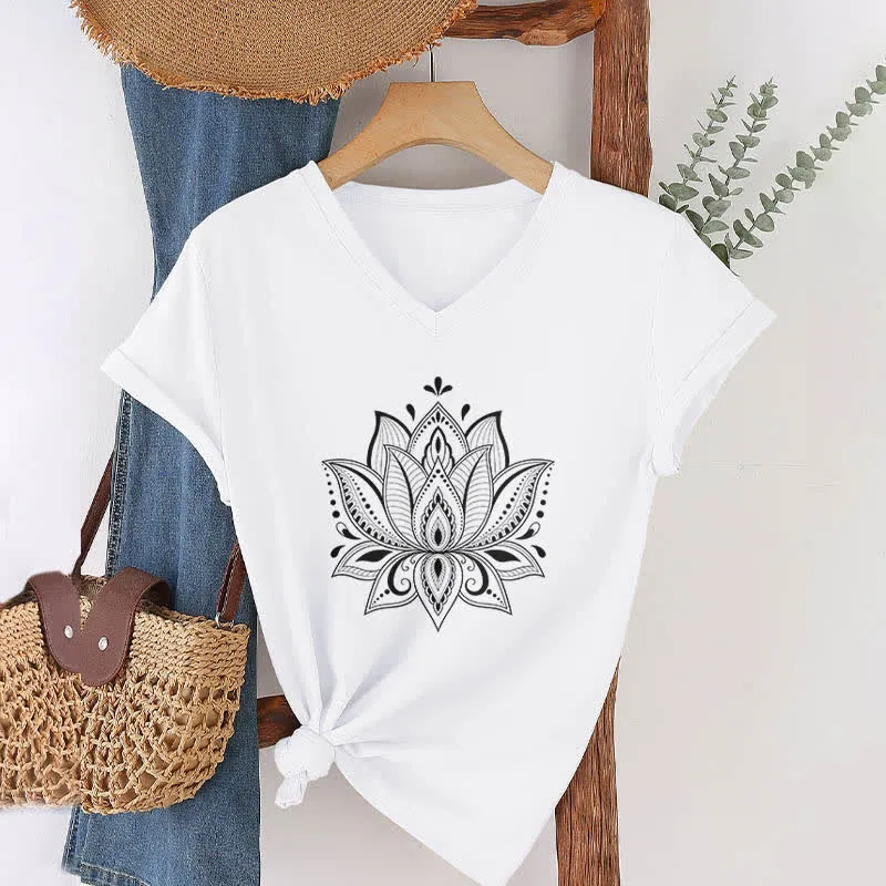Olivenorma Mandala Lotusblume T-Shirt mit V-Ausschnitt