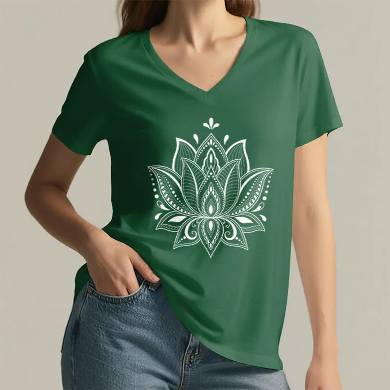 Olivenorma Mandala Lotusblume T-Shirt mit V-Ausschnitt