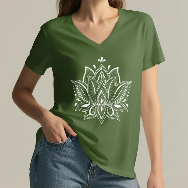 Olivenorma Mandala Lotusblume T-Shirt mit V-Ausschnitt