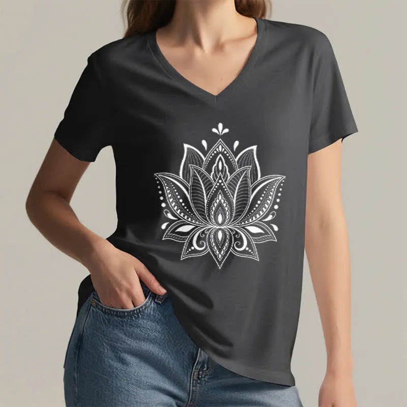 Olivenorma Mandala Lotusblume T-Shirt mit V-Ausschnitt