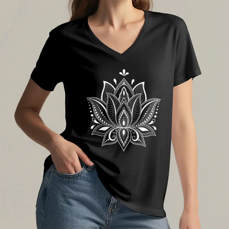 Olivenorma Mandala Lotusblume T-Shirt mit V-Ausschnitt