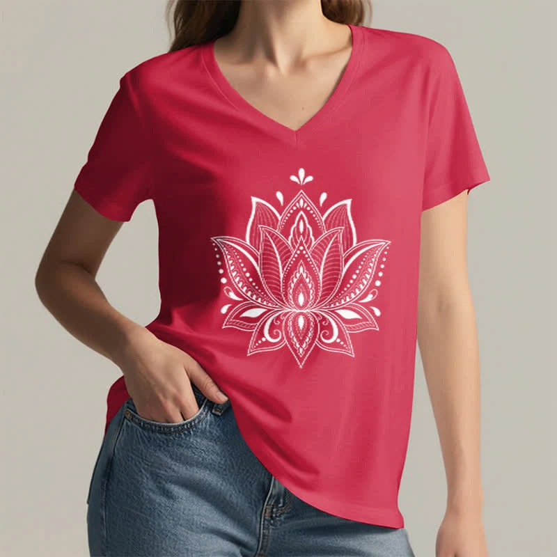 Olivenorma Mandala Lotusblume T-Shirt mit V-Ausschnitt