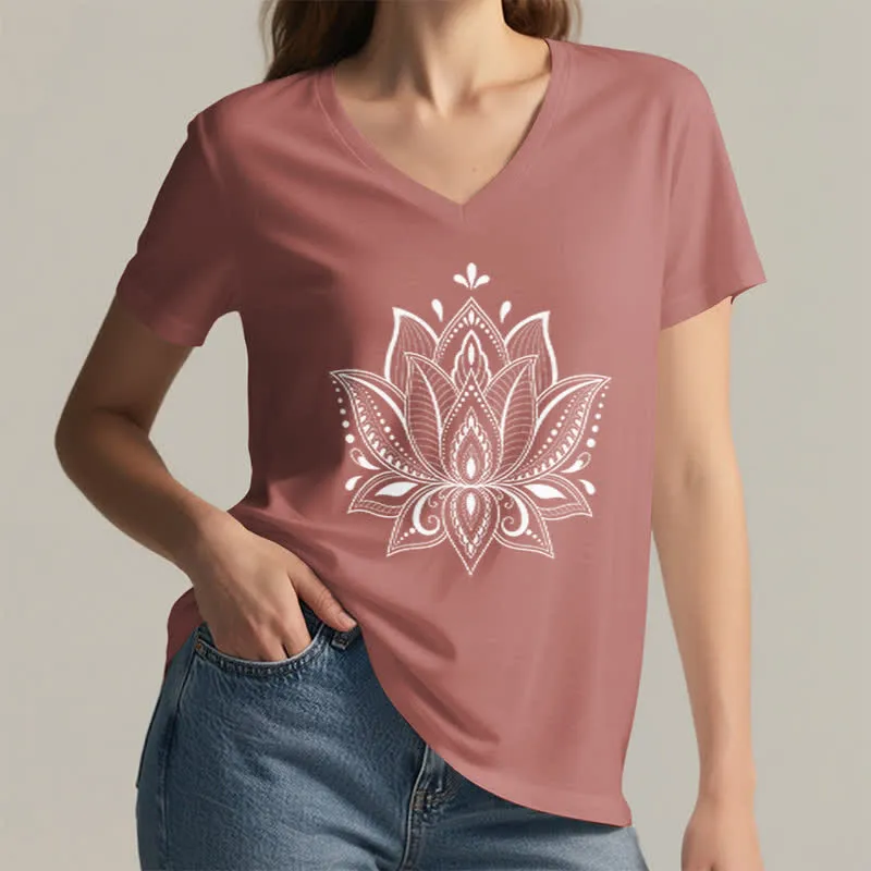 Olivenorma Mandala Lotusblume T-Shirt mit V-Ausschnitt