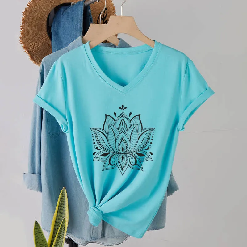 Olivenorma Mandala Lotusblume T-Shirt mit V-Ausschnitt