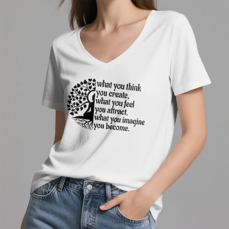 Olivenorma T-Shirt mit V-Ausschnitt „Was du denkst, erschaffst du“