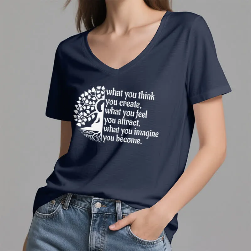 Olivenorma T-Shirt mit V-Ausschnitt „Was du denkst, erschaffst du“
