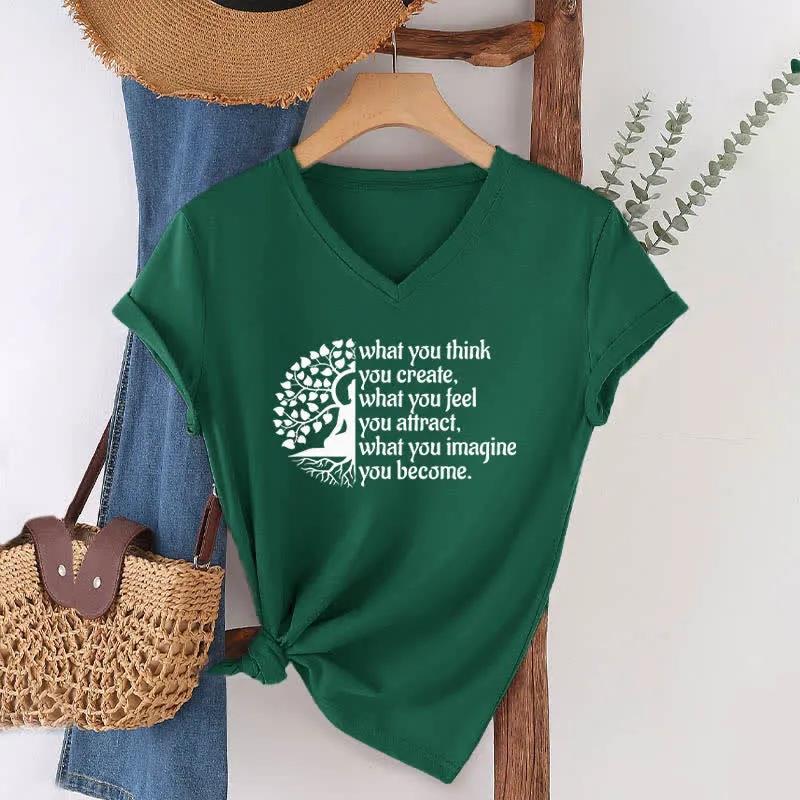 Olivenorma T-Shirt mit V-Ausschnitt „Was du denkst, erschaffst du“