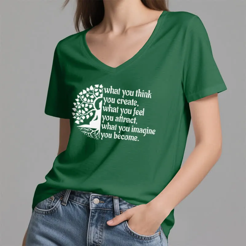 Olivenorma T-Shirt mit V-Ausschnitt „Was du denkst, erschaffst du“