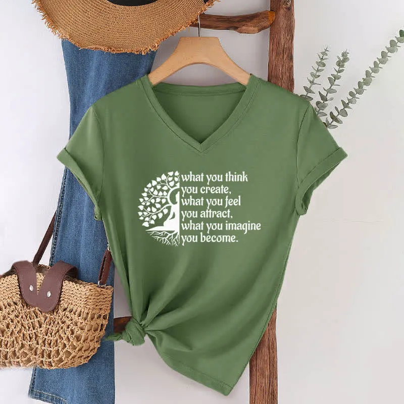 Olivenorma T-Shirt mit V-Ausschnitt „Was du denkst, erschaffst du“
