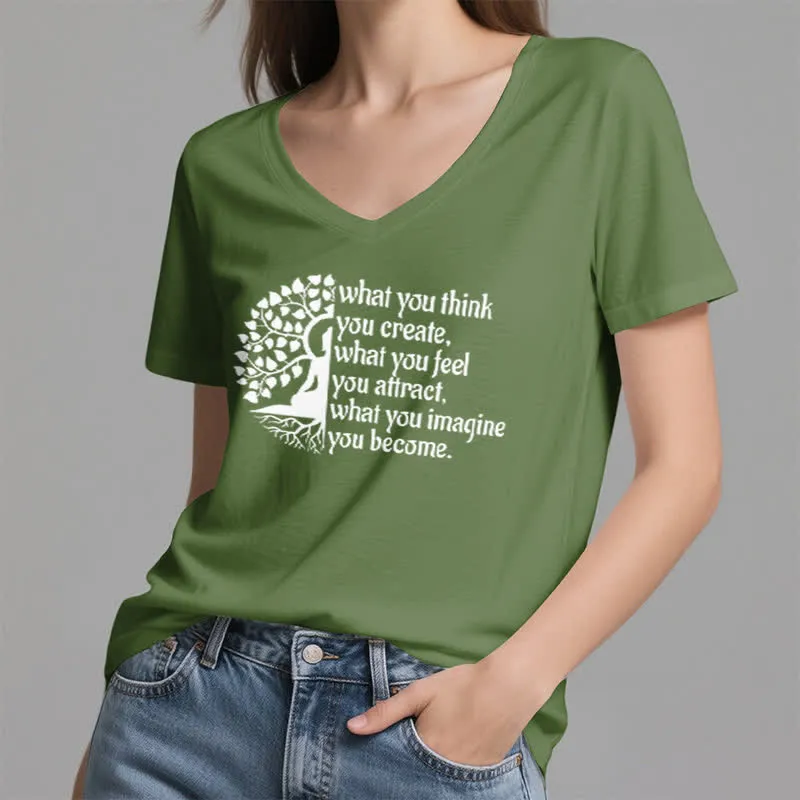 Olivenorma T-Shirt mit V-Ausschnitt „Was du denkst, erschaffst du“