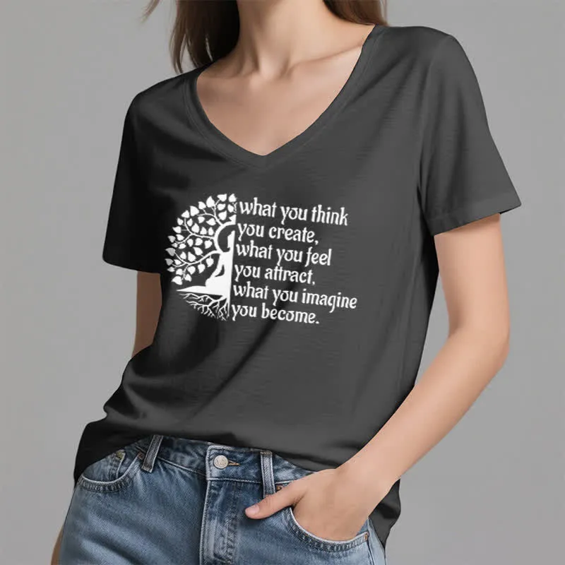 Olivenorma T-Shirt mit V-Ausschnitt „Was du denkst, erschaffst du“