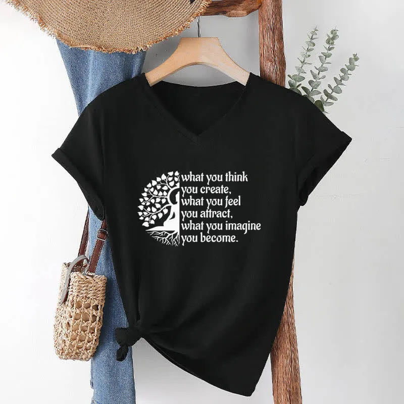 Olivenorma T-Shirt mit V-Ausschnitt „Was du denkst, erschaffst du“