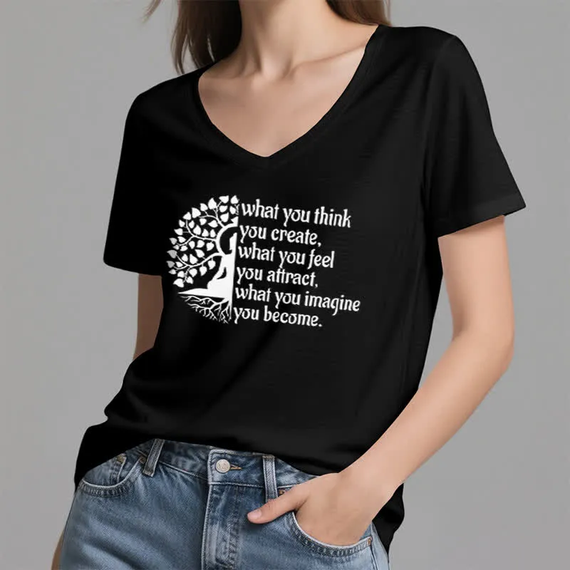 Olivenorma T-Shirt mit V-Ausschnitt „Was du denkst, erschaffst du“