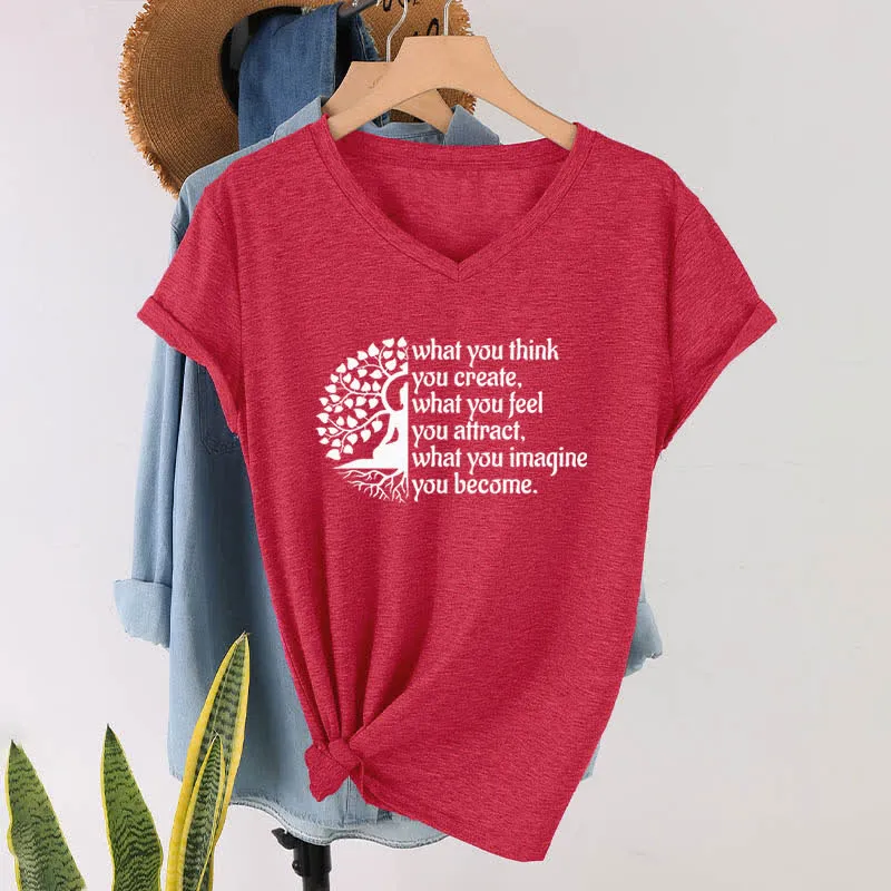 Olivenorma T-Shirt mit V-Ausschnitt „Was du denkst, erschaffst du“