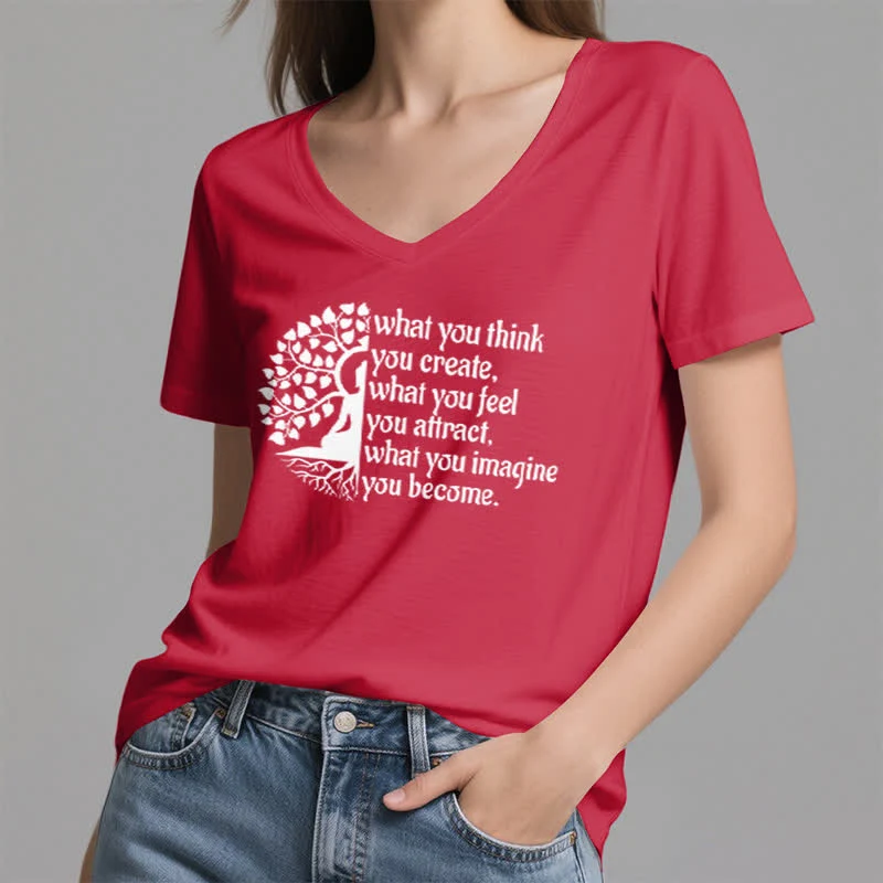 Olivenorma T-Shirt mit V-Ausschnitt „Was du denkst, erschaffst du“