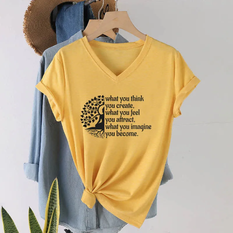 Olivenorma T-Shirt mit V-Ausschnitt „Was du denkst, erschaffst du“