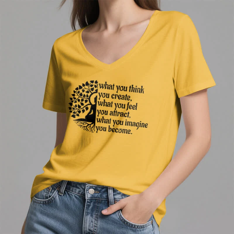 Olivenorma T-Shirt mit V-Ausschnitt „Was du denkst, erschaffst du“