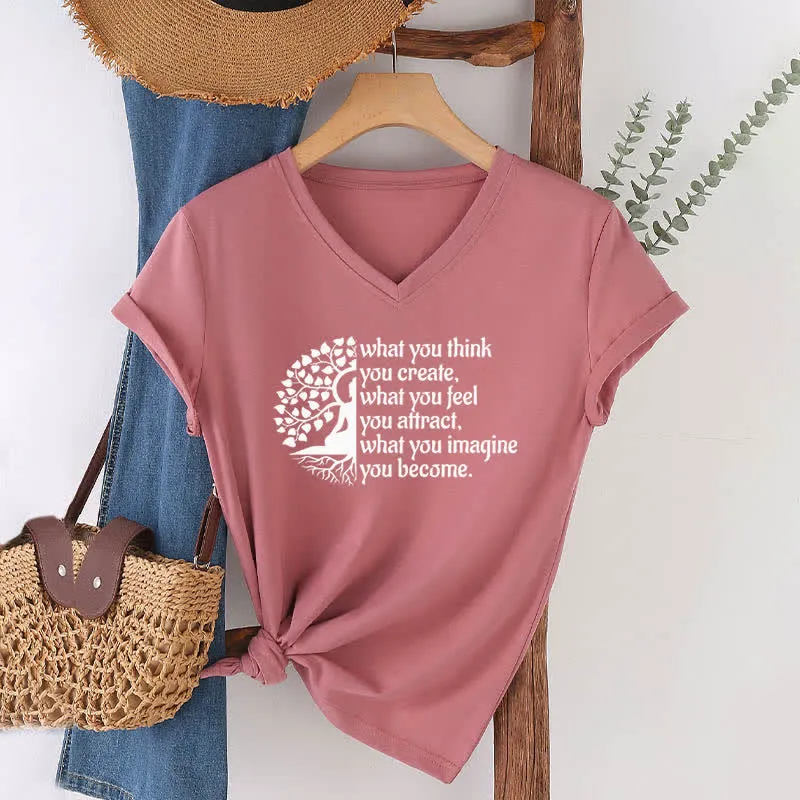 Olivenorma T-Shirt mit V-Ausschnitt „Was du denkst, erschaffst du“