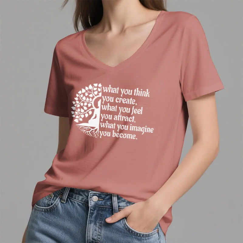 Olivenorma T-Shirt mit V-Ausschnitt „Was du denkst, erschaffst du“