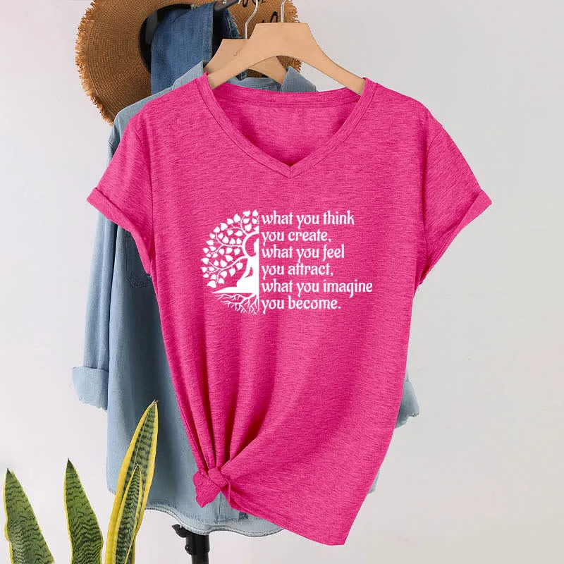 Olivenorma T-Shirt mit V-Ausschnitt „Was du denkst, erschaffst du“