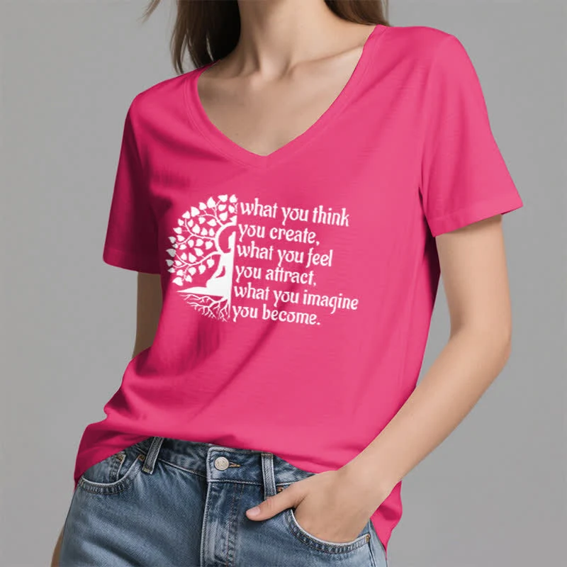 Olivenorma T-Shirt mit V-Ausschnitt „Was du denkst, erschaffst du“