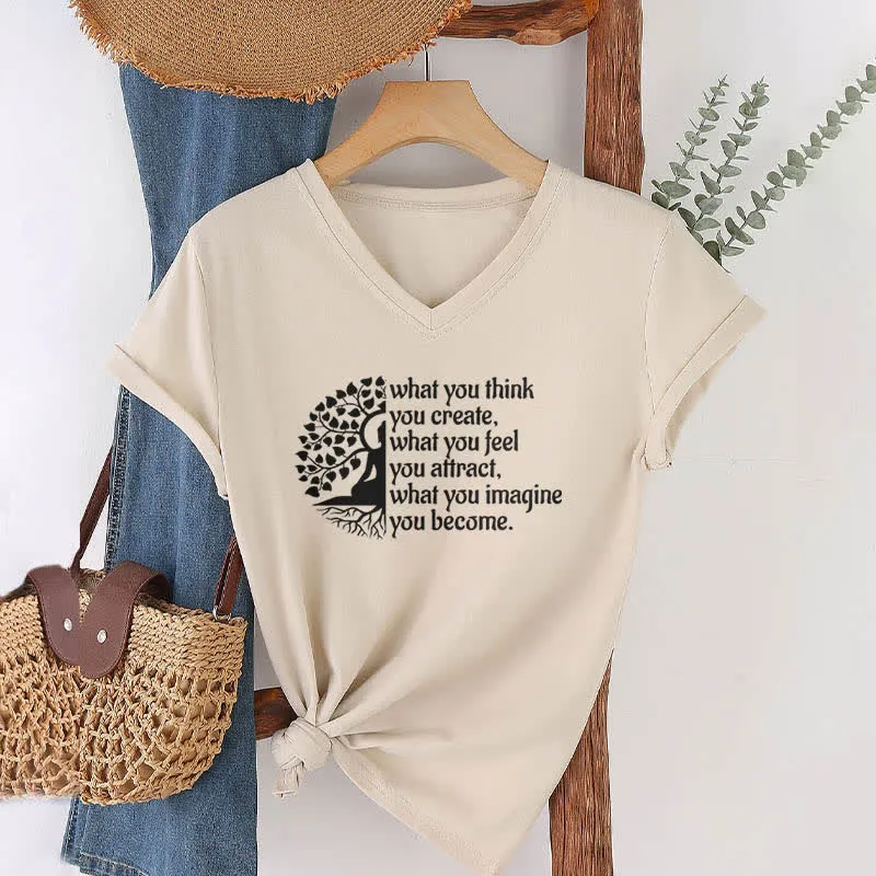 Olivenorma T-Shirt mit V-Ausschnitt „Was du denkst, erschaffst du“