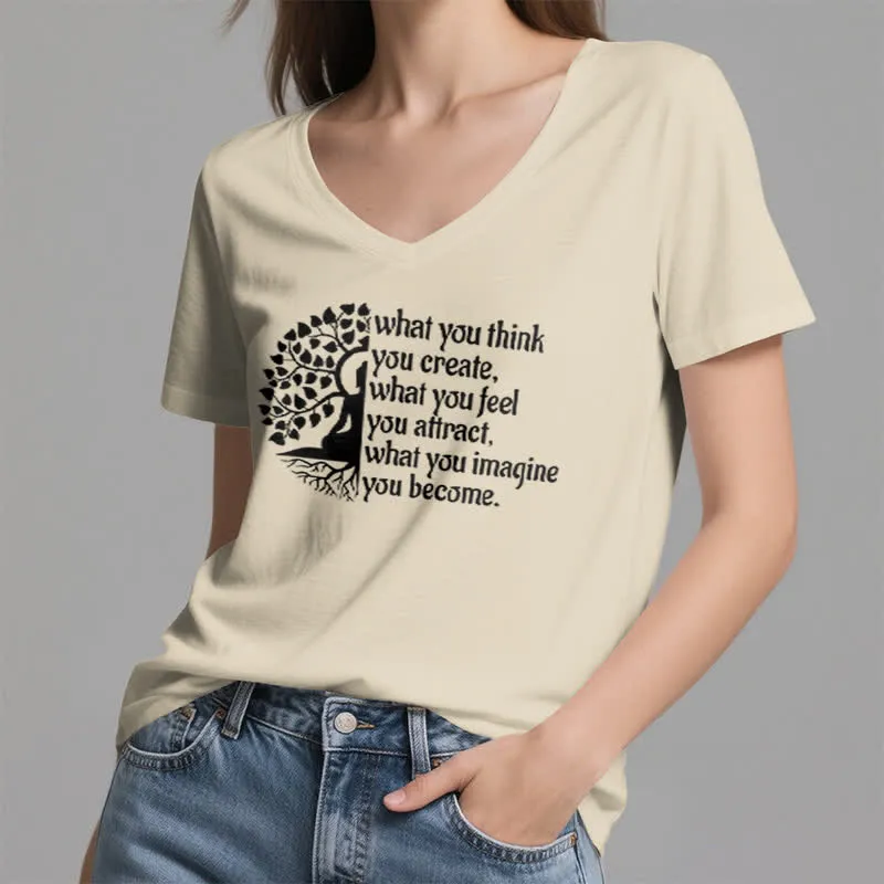 Olivenorma T-Shirt mit V-Ausschnitt „Was du denkst, erschaffst du“