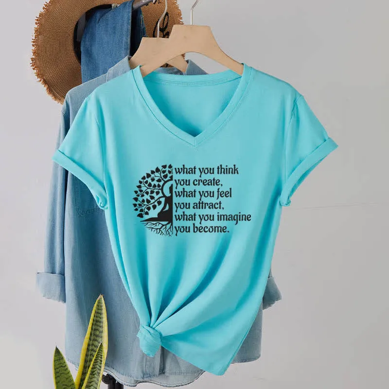 Olivenorma T-Shirt mit V-Ausschnitt „Was du denkst, erschaffst du“