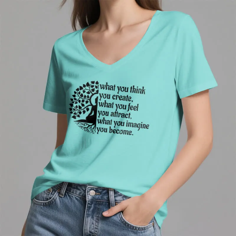 Olivenorma T-Shirt mit V-Ausschnitt „Was du denkst, erschaffst du“