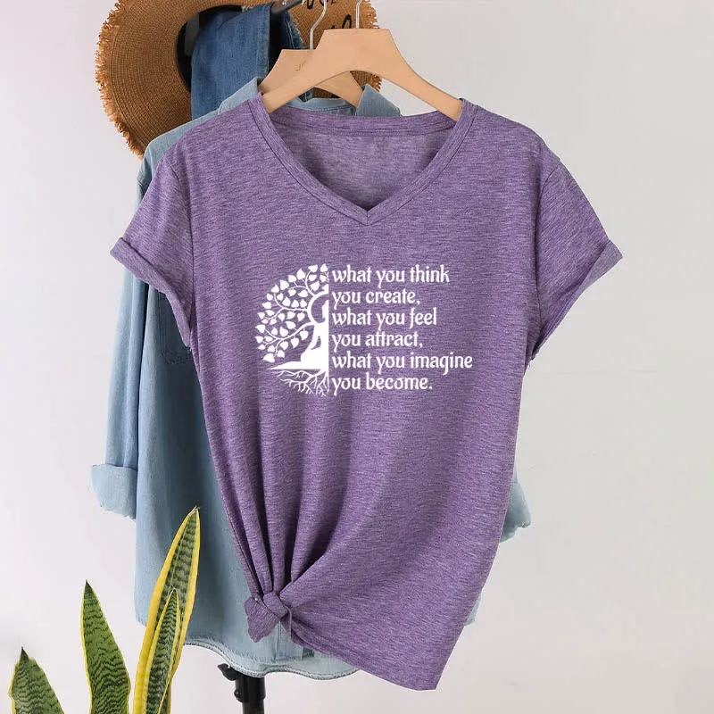 Olivenorma T-Shirt mit V-Ausschnitt „Was du denkst, erschaffst du“