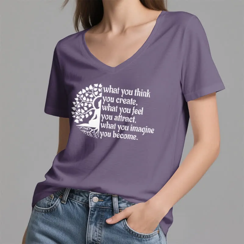 Olivenorma T-Shirt mit V-Ausschnitt „Was du denkst, erschaffst du“