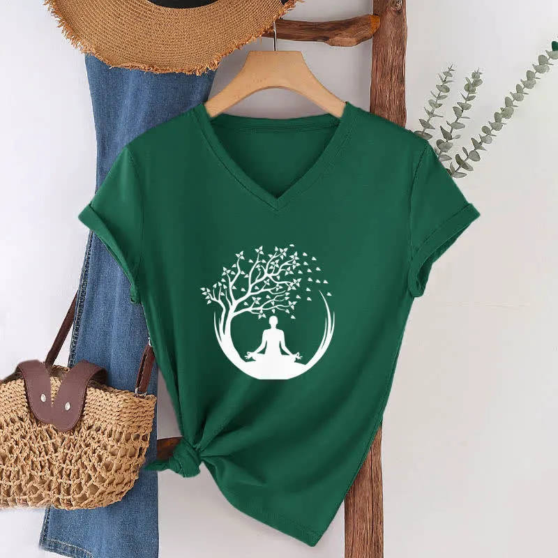 Olivenorma Yoga Meditation Pilates Namaste T-Shirt mit V-Ausschnitt