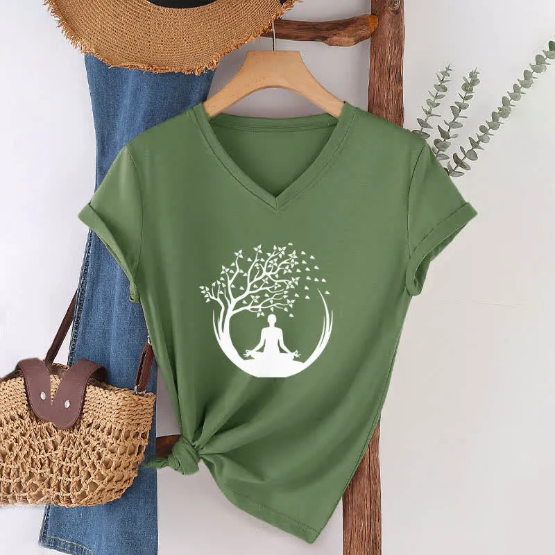 Olivenorma Yoga Meditation Pilates Namaste T-Shirt mit V-Ausschnitt