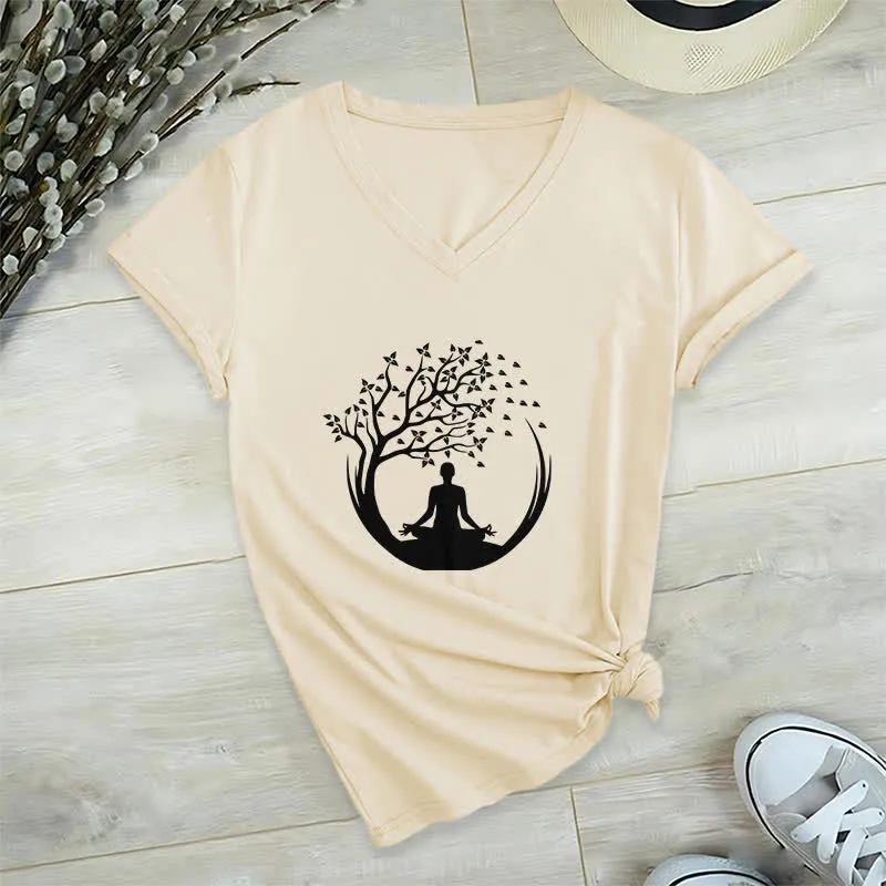 Olivenorma Yoga Meditation Pilates Namaste T-Shirt mit V-Ausschnitt