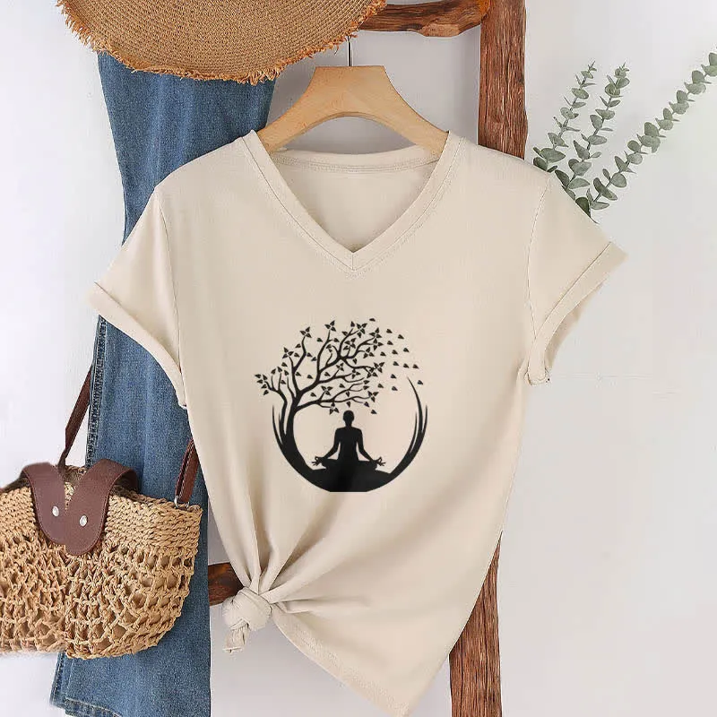 Olivenorma Yoga Meditation Pilates Namaste T-Shirt mit V-Ausschnitt