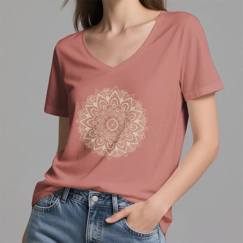 Olivenorma Lotusblume Geometrisches Muster Yoga T-Shirt mit V-Ausschnitt