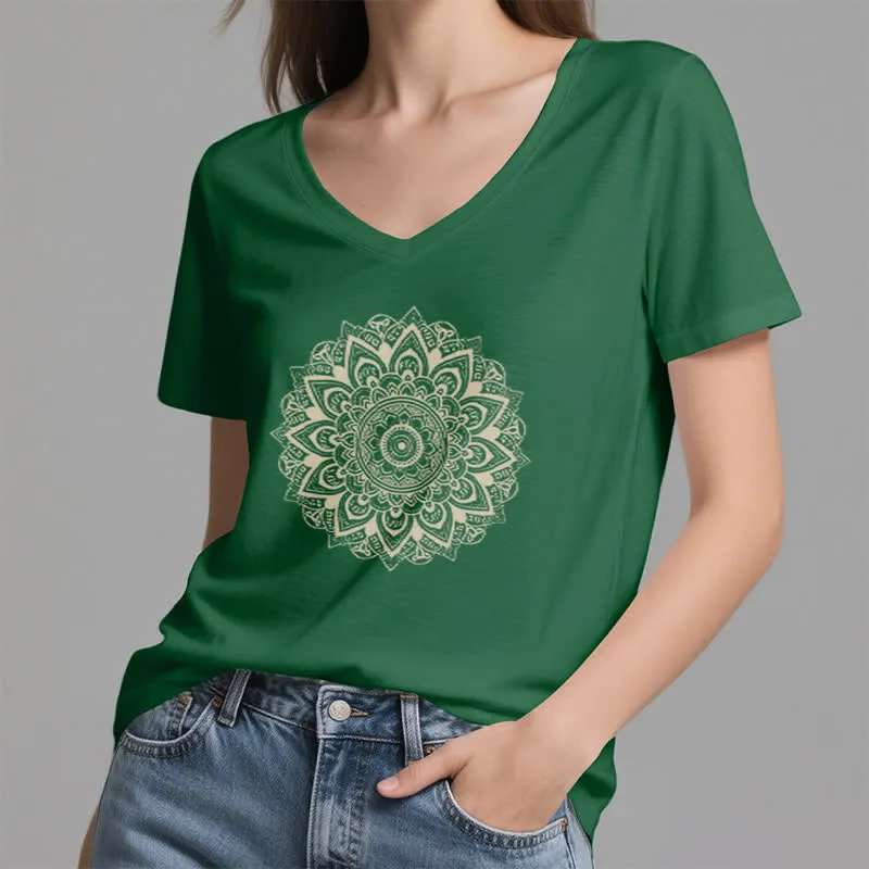 Olivenorma Lotusblume Geometrisches Muster Yoga T-Shirt mit V-Ausschnitt