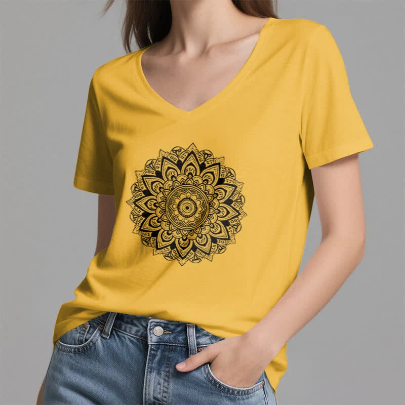 Olivenorma Lotusblume Geometrisches Muster Yoga T-Shirt mit V-Ausschnitt