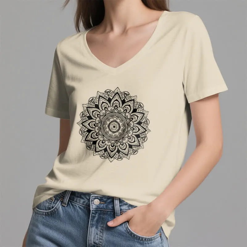 Olivenorma Lotusblume Geometrisches Muster Yoga T-Shirt mit V-Ausschnitt