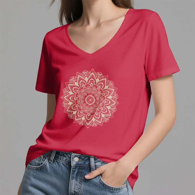 Olivenorma Lotusblume Geometrisches Muster Yoga T-Shirt mit V-Ausschnitt