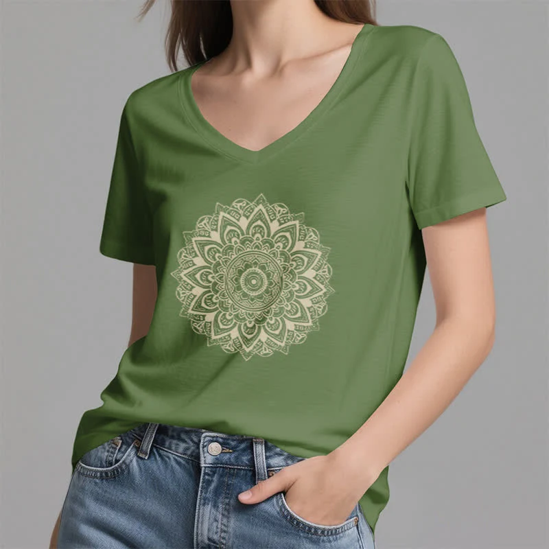 Olivenorma Lotusblume Geometrisches Muster Yoga T-Shirt mit V-Ausschnitt