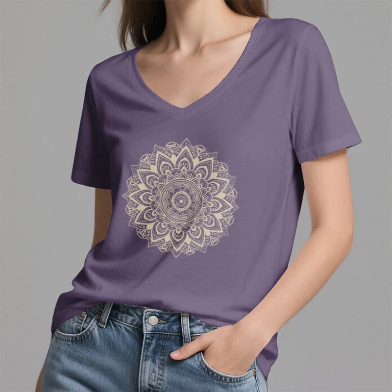 Olivenorma Lotusblume Geometrisches Muster Yoga T-Shirt mit V-Ausschnitt